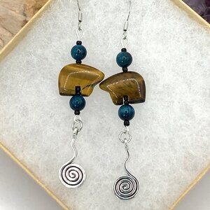 Tiger's Eye Bear Apatite Gemstone Beads Handmade Pierced Earrings LR151